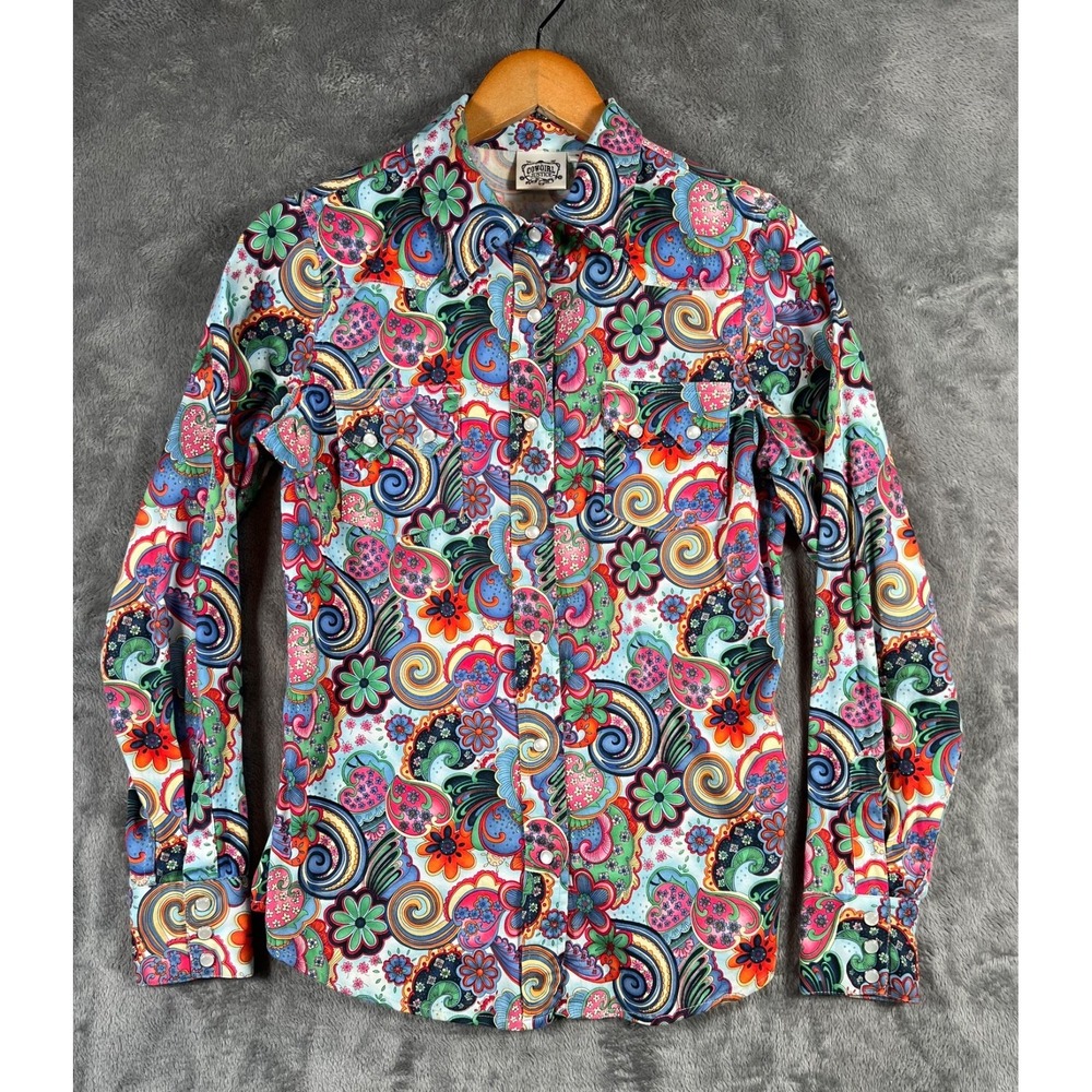 Cowgirl Justice Pearl Snap Shirt Womens Small Multicolor Groovy Paisley Sawtooth